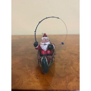 Vintage Santa in Canoe Fishing Figurine Christmas Holiday Decor Rustic Cabin